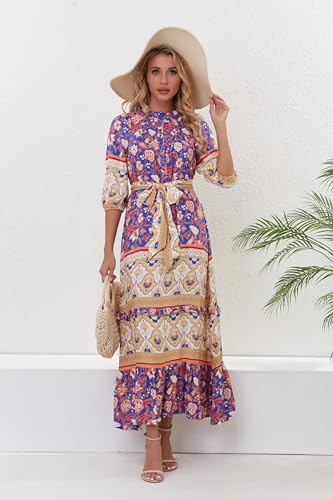 Image of Women Boho High-Waist Floral Print Maxi Dress 3 /4 Sleeve Casual | Soft Rayon, Breathable, Quick-Dry. High-Waist with Adjustable Belt, Flattering Hem. Ideal for Beach, Work & Dating.