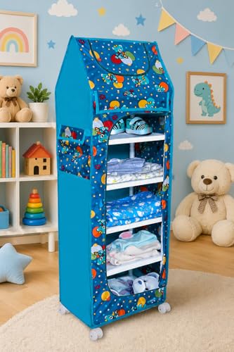 Image of YouCopia Baby Wardrobe Plastic Kids Storage Rack with Fabric Cover & Wheels | 6-Tier Plastic Shelves Organizer | Toy, Book & Clothes Storage Cabinet for Kids Room (Firozi)