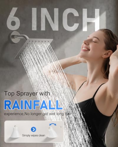 Image of Woindo 4 Function Shower Faucet Set 12 inch Rain Shower Head /6'' Side Shower Head and 3 Setting Handheld Ceiling Mount Push Button Diverter Complete Rainfall Round Shower System Included Valve Trim Kit