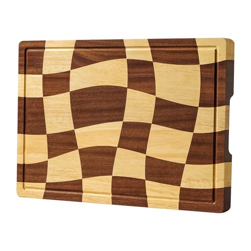 THETCHRY Cutting Boards for Kitchen, Checkered Cutting Board with Juice Grooves, End Grain Cutting Board for Meat and Vegetables, Large Butcher Block Serving Tray with Gift Box, 16.5" x 11.6" x 0.8"