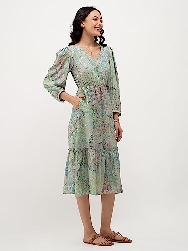 Image of AASK Abstract Printed Puff Sleeve Gathered Detailed Fit Flare Dress