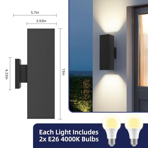 Image of JAYMP 13 inch Up and Down Wall Sconce Aluminum Modern Outdoor Light, Black Rectangular IP65 Waterproof Exterior Wall Lamp for Front Door Patio Porch Staircase Hallway (1 Pack)