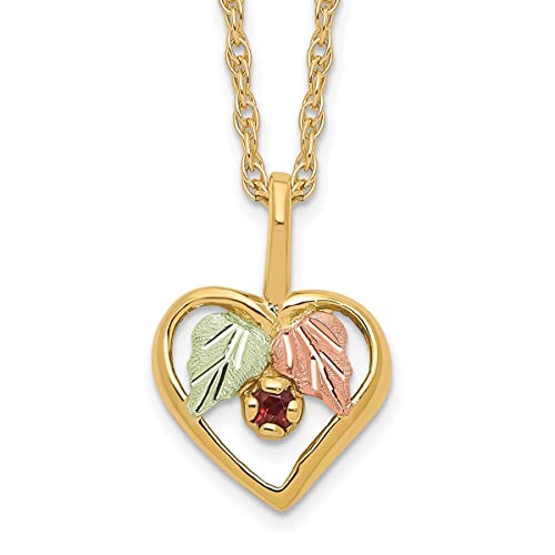 Collar de piedra natal de enero con corazón de granate de oro amarillo de 10 quilates con detalles de oro verde y rosa de 12 quilates con caja de regalo de joyería para ocasiones especiales, 18