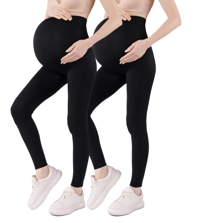 Guzeyina Women's Maternity Leggings Over The Belly Pregnancy Yoga Pants Active Wear Workout Leggings Black L 2 pcs Pack