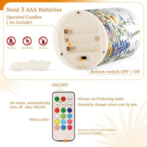 Image of Flower Lights Flameless Candles Watercolor Wildflowers Spring Pillar Candles Set of 2 Battery Operated Remote Control Warm Lights Home Decor