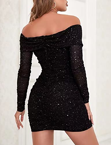 Image of D&M Women's Off Shoulder Sparkly Dress Knitted Mesh Long Sleeve Open Back Ruched Bodycon Sexy Mini Party Dress XXL Black