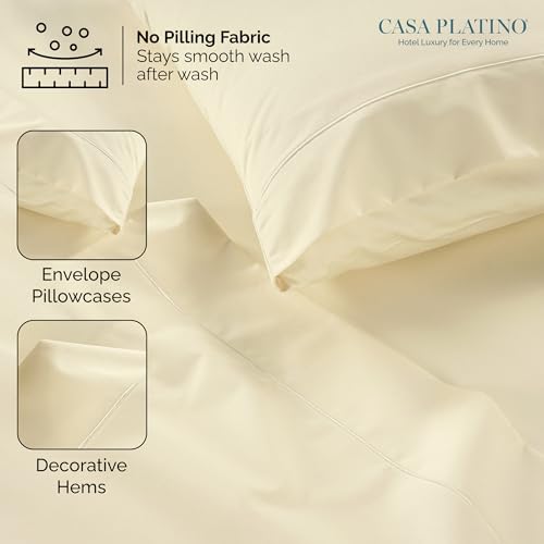 Casa Platino 100% Egyptian Cotton Sheets Twin Size Set - 4 Pcs (1 Flat, 1 Fitted, 2 Pillowcases)- Ultra Smooth Sateen Weave Bed Sheets Set with 15" Deep Pockets - Ivory