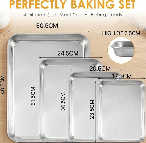 4 Pack Stainless Steel Baking Trays, Non-Stick Oven Baking Sheets with Rim, Healthy Non-Toxic Essential Bakeware Set - Image 3