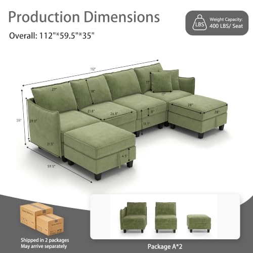Image of Ihanherry 112 inch Modular Sectional Sofa U Shape Couches with Storage Ottoman, Comfy Chenille Convertible 6-Seat Furniture Set for Living Room, Green