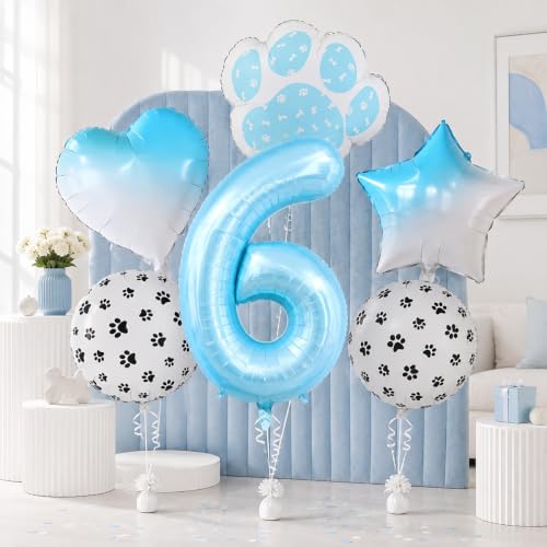 Image of 40 Inch Light Blue Paw Print Number 6 Foil Balloon Dog Cat Themed Set
