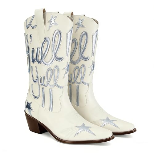 Image of Women's Mid Calf Western Cowboy Boots Pull On Cowgirl Boots with Fashion Star Embroidery Letter Pointed Toe Chunky Heel