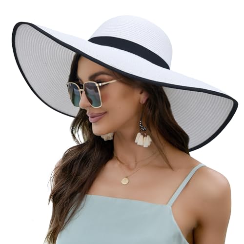 Image of Women Wide Brim Sun Hat UPF50 Straw Summer Hat Floppy Beach Hat Roll-Up