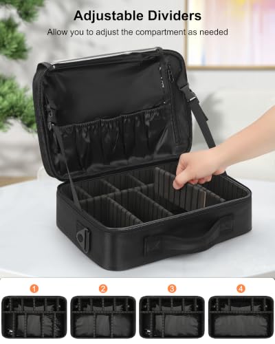 Image of Relavel Makeup Bag Train Case for Women Travel Cosmetic Organizer with Adjustable Dividers and Brush Compartment, Large Storage Box for Cosmetics, Toiletries, Nail Polish, Jewelry, Electronic (Black)