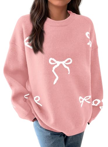 PRETTYGARDEN Fall Long Sleeve Pullover Sweaters for Women 2025 Trendy Crewneck Casual Cute Bow Chunky Knit Oversized Sweater3