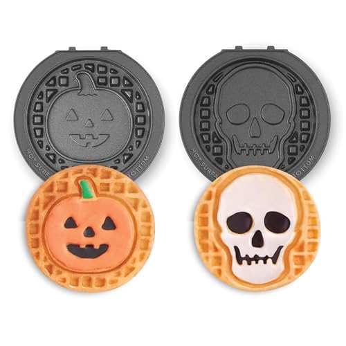 Image of Dash MultiMaker Mini System Removable Plate Set - Nonstick Replacement Plates for Halloween Waffle Breakfast - Waffle Maker Not Included - 4-Inch - Two-Pack - Skull & Jack-O-Lantern