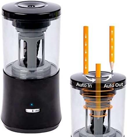 Electric Pencil Sharpener, Fully Automatic Pencil Sharpener for 6-8mm Pencils, Hands-Free Rechargeable Pencil Sharpener, Fast Sharpening Helical Blade, No Uneven Tips, Also for Short Pencils (Black)