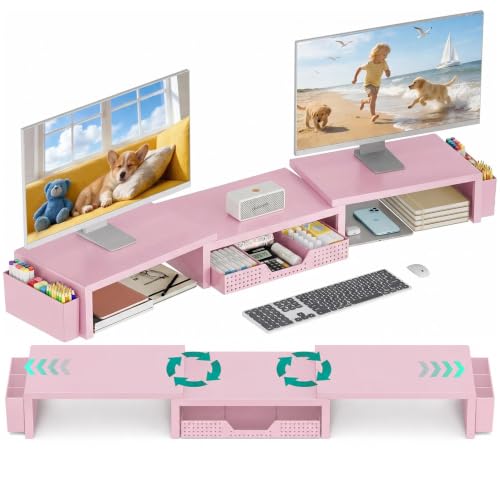 Image of OPNICE Desk Organizer and Accessories, Computer Monitor Stand Riser with Drawer and 2 Pen Holders, Laptop Stand, Office Desk Accessories for Office Supplies, Pink