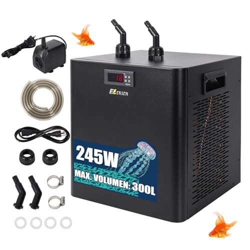 Ezcasch Enfriador de agua para acuario, 300 L, 245 W, sistema de refrigeración para peceras, acuarios, camarones Axolotl, incluye manguera y anillo de soporte