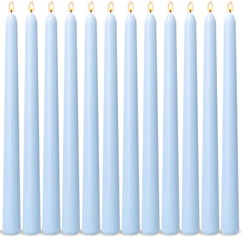 12-Pack Ice Blue Taper Candles, 10 Inch Unscented Dripless Candlesticks, Long-Lasting Burn Time of 7-8 Hours, Perfect for Home Décor Weddings Babyshower and Events