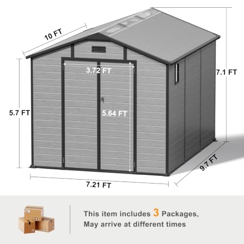 Image of Large Plastic Storage Shed with Floor and Ddrain Groove for Backyard 8X10FT | 14mm UV-resistant PP panel, Top Vent, Lockable Double Doors, Side Window,Transparent PC top panel, Suitable for Bike and Tool
