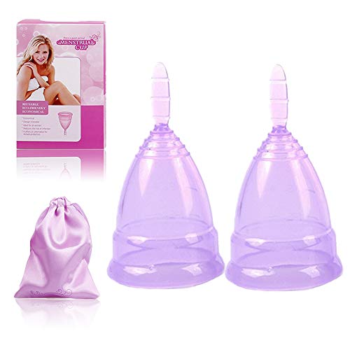 Menstrual Cups Soft Organic Silicone Period Cups Set of 2 Small with Storage Bag Easy Wash and Reusable for Heavy Flow Feminine Pads Comfortable Cup BPA Free (Small, Purple)