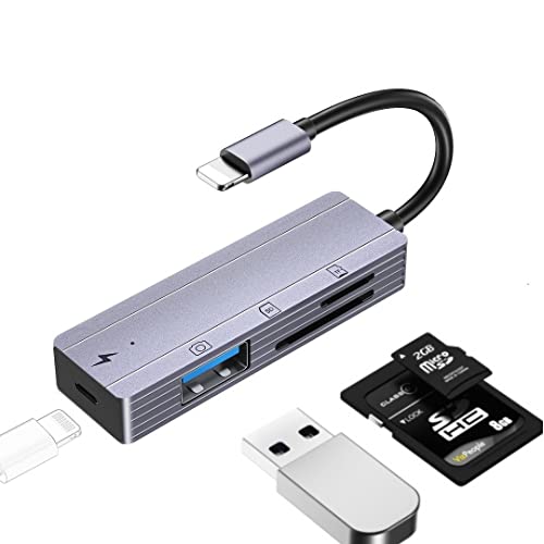sunshot SD/TF-Kartenleser für iPhone/iPad, 4-in-1-USB-OTG-Kameraadapter mit Lade- und Steckkarte, kompatibel mit iPhone 12 11 Xs/Xr/X und iPad, Unterstützung für USB-Disk, Maus, Tastatur, Hubs, MIDI