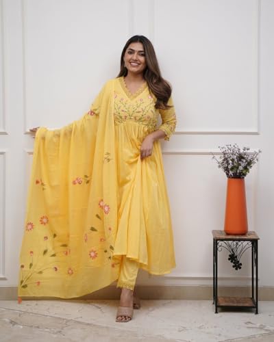 Image of KANCHAN TRADERS Women's Cotton Round Neck 3 /4 Sleeve Chikankari Embroidered Printed Kurta Palazzo with Dupatta Set