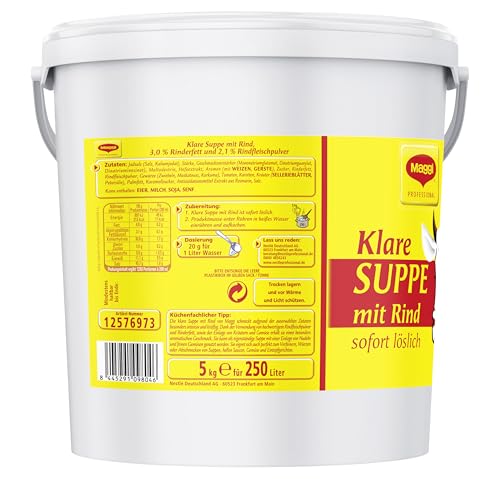 MAGGI Professional Klare Suppe mit Rind, mit Rindfleischpulver und Rinderfett, Sofort löslich, Ergiebigkeit 227,5L, 1er Pack (1 x 5kg Eimer)