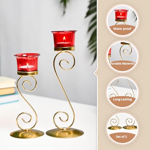 Image of Market99 Glossy Leaf T-Lite Holder Set of 2 | Decorative Metal Tealight Holders with Red Abstract Design | Elegant Candle Stand for Living Room, Balcony, Bedroom, Office & Festive Season Decoration