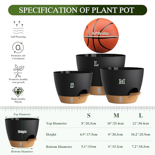 Self Watering Pots with Drainage Holes, 3 Pack 12/10/8 Inch Plant Pots with Water Level Indicator Deep Reservoir, Large Plastic Planter for Indoor Outdoor Plants - Black Brown - Image 3
