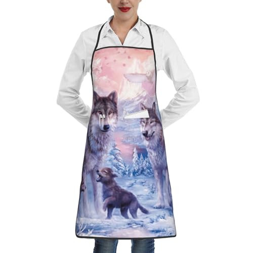 JEJEA Delantal de cocina con estampado familiar de lobos, resistente al agua y al aceite, delantal de chef para mujeres y hombres