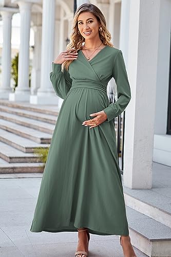 OUGES Fall Maternity Maxi Dress Long Sleeve Wrap V Neck Baby Shower Pregnancy Dresses for Photoshoot Maternity Clothes4