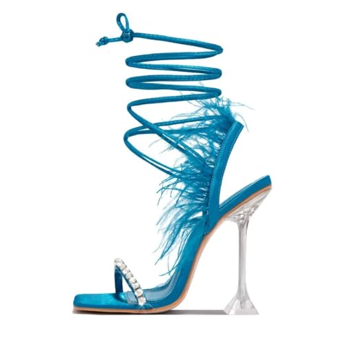 JOEupin Womens Rhinestone Feather Heels Sandals Strappy Lace Up Sexy Stiletto High Heel Party Wedding Dress Shoes