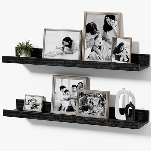 Floating Picture Ledge Shelves, 2-Pack Wall Mounted Book Shelf for Nursery & Kids Room, Floating Shelves for Wall Photo Frames with Lip, Living Room or Bedroom, 24inch, Black