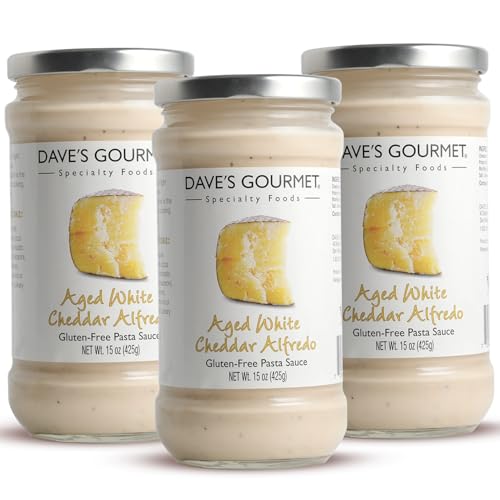 Dave's Gourmet Aged White Cheddar Alfredo Pasta Sauce - Rich & Creamy Flavor - Alfredo Sauce - Ideal for Pasta, White Pizza, Enchiladas & More - Gluten Free - 15oz Jar (Pack of 3)