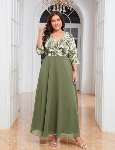 Image of ZOMVA Plus Size Maxi Formal Dress Lace Chiffon Floral V-Neck Wrap Wedding Guest Evening Gown Cocktail Prom 3 /4 Sleeves
