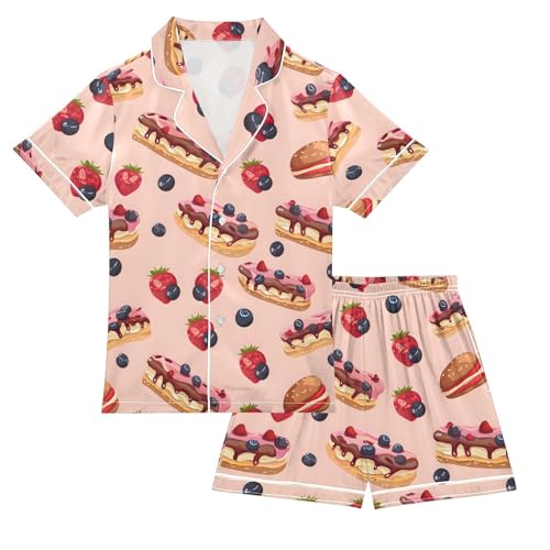 ALAZA Cheese Cake Blueberry Fruit Satin Pajamas Set Short Sleeve Button Down Sleepwear Summer Pjs 2 Piece