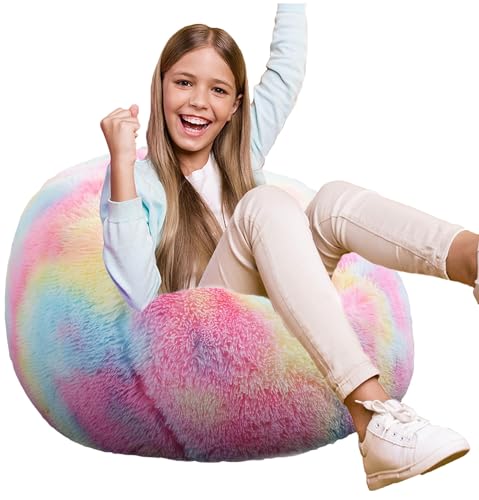 Fluffy Bean Bag Chair for Kids, 2.5FT Round Memory Foam Filled Bean Bag for Teens & Kids, Ultra Soft Faux Fur Fabric Bean Bag Chairs for Playroom, Living Room, Bedroom, Rainbow