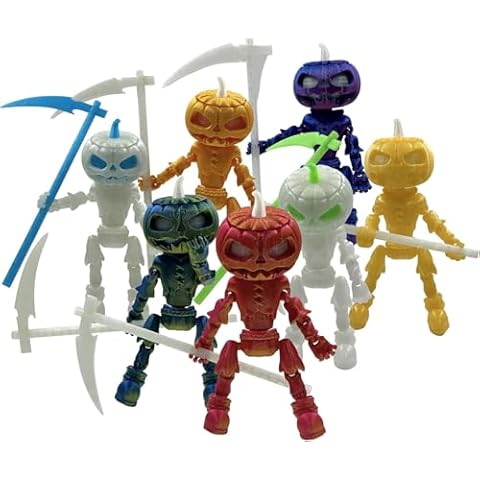 MOVVIYE Halloween Pumpkin Reaper Action Figure with Flexible Joints, 3D Printed Pumpkin Man Toys, Halloween Decor Luminous Desktop Ornaments (Seven Sets) Cover