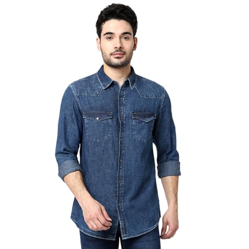 Image of Spykar Men's Regular Fit Raised Collar Full Sleeve Solid Casual Shirts