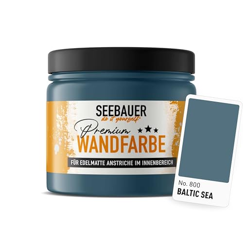 SEEBAUER diy Wandfarbe Blau 300ML für Innen (No. 800 Baltic Sea) Edelmatte Innenfarbe Petrol - Blautöne sehr hohe Deckkraft - Matt, Abwaschbar und Tropffrei