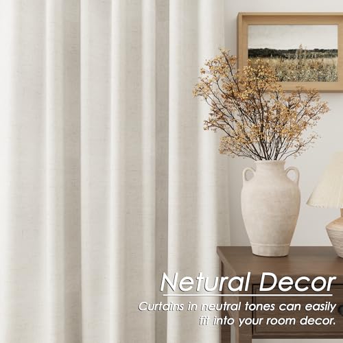 Image of Beige White 100% Blackout Linen Curtains 108 Inches Long for Bedroom Back Tab Thermal Insulated Modern Farmhouse Decor Black Out Curtain for Living Room Floor to Ceiling High Window 52x108, 2 Panels