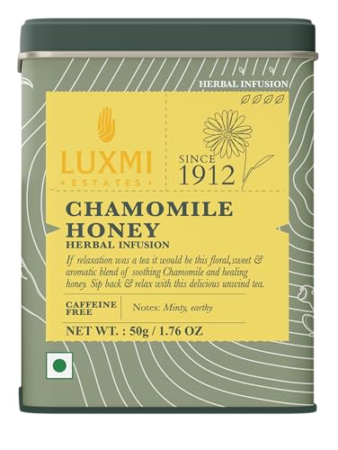 Luxmi Estates Chamomile Honey Herbal Infusion 50 gm Tin Caddy | Soothing And Relaxing Herbal Infusion | Stress Relief Bedtime Drink for Restful and Peaceful Sleep | Caffeine-Free