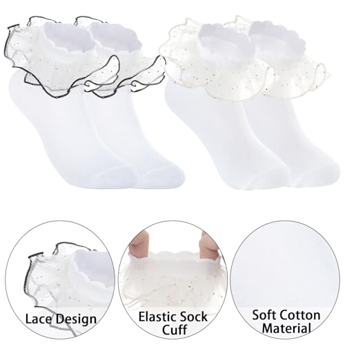 2 Pairs Girls Lace Ruffle Socks White Double Lace Frilly Socks for Girls Toddler Frilly Dress3
