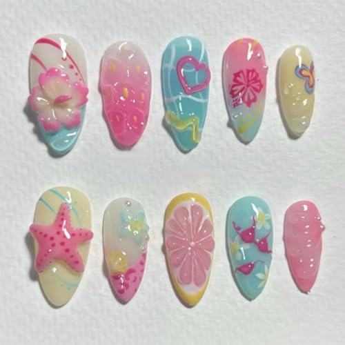 24 Pcs Clear Pink Press on Nails Short Almond, Summer