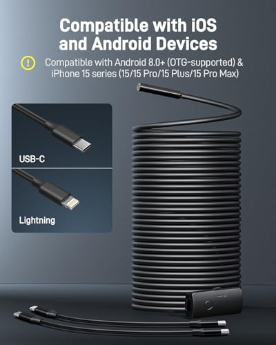 Image of Anykit Endoscope Camera with Light, 1920P HD Borescope with 8 Adjustable LED Lights, Semi-Rigid Snake Camera with Light, IP67 Waterproof Inspection Cam for iPhone & Android, 50 ft Single Lens