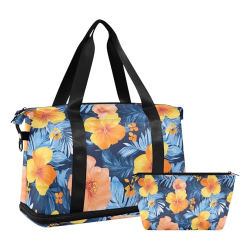 ALAZA Tropical Floral Blue Leaves Gym Bag Sports Duffel Bag with Shoes Compartment, Overnight Weekender Travel Tote Bag for Women Men Trip College