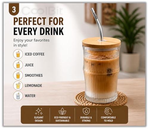 Image of COOLBIT 350ml Glass Tumbler with Bamboo Lid & 4 PCS Stainless Steel Straw+Cleanig Brush, Reusable Ribbed Drinking Glass Cup for Coffee, Juice, Smoothies & Water.