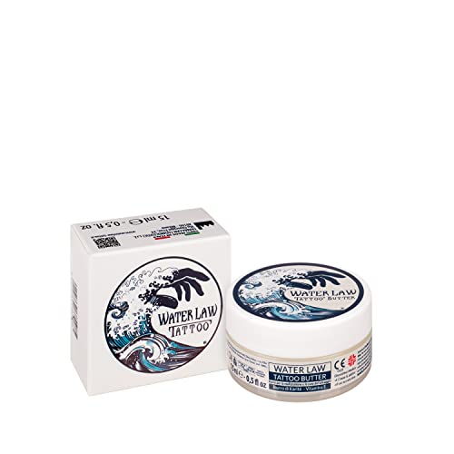 Burro Tattoo Water Law 15 ml, Crema Post Tatuaggio con Burro di Karité Puro, Olio di Mandorle Dolci, Vitamina E, Cera d'Api e Burro di Cacao, Crema per Tatuaggi, Ideale per Pelle Secca, Vegan