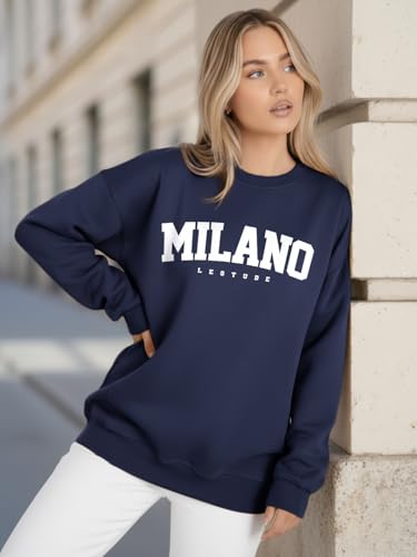 Image of LEOTUDE Women's Boyfriend /Loose Fit Full Sleeve Drop Shoulder Loopknit Round Neck Sweatshirt (Color Navy)